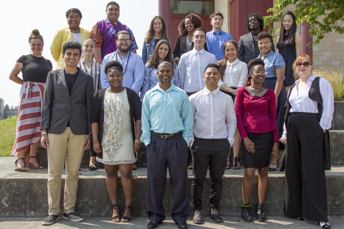 Student Leadership team students standing on the Building 12 steps